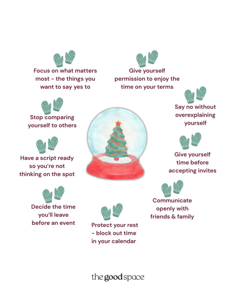 Visual graphic showing ADHD-friendly ways to protect your energy in December, including tips like saying no, giving yourself time, and protecting your res